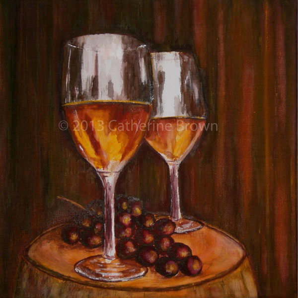 Painting of wine glasses and grapes on table
